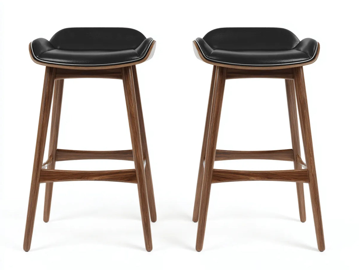 Lot de 2 tabourets de bar 48×50×78 cm – similicuir noir et bois brun – assise enveloppante avec repose-pieds