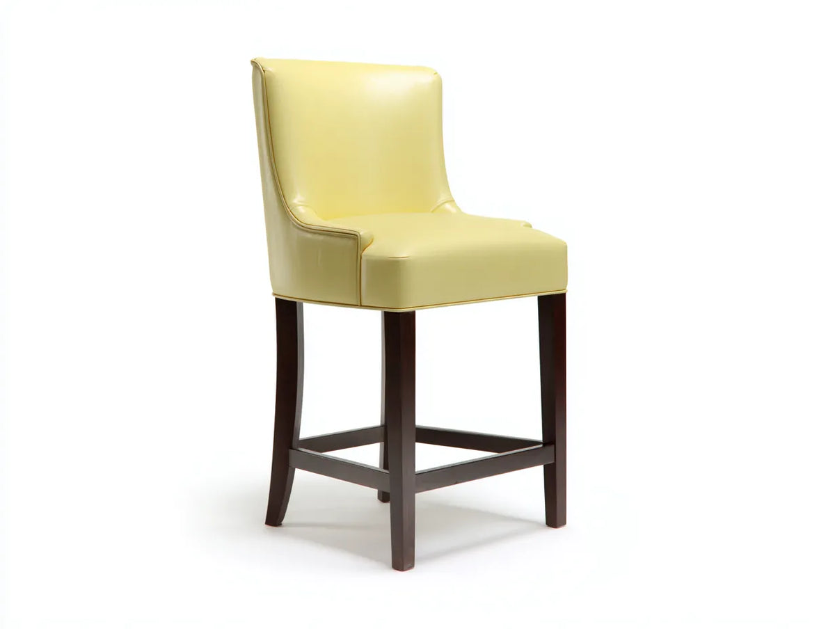 Tabouret de bar 48×53×105 cm – similicuir jaune clair et bois brun – dossier haut avec repose-pieds