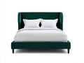 Lit double rembourré 215×175×120 cm – tissu vert foncé et bois brun – tête de lit enveloppante contemporaine