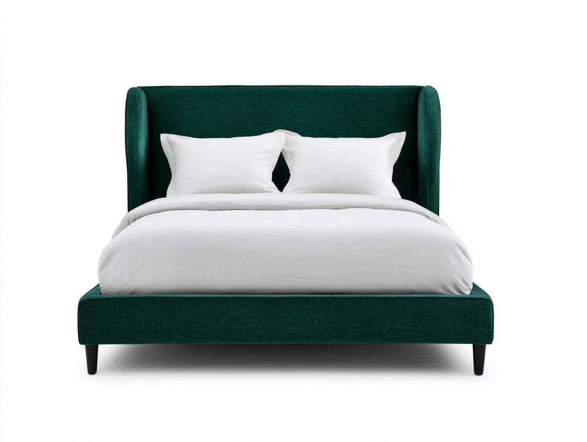 Lit double rembourré 215×175×120 cm – tissu vert foncé et bois brun – tête de lit enveloppante contemporaine