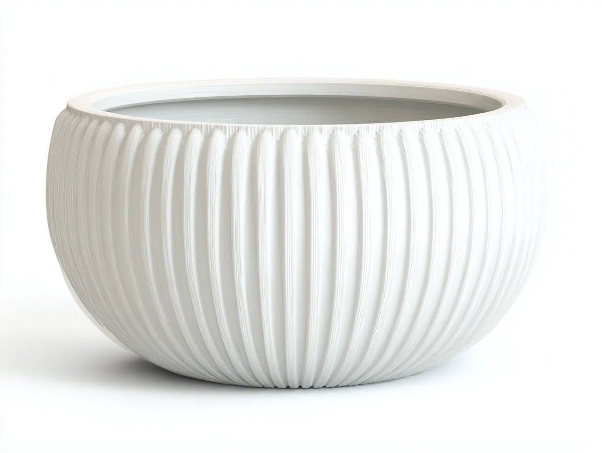 Pot à fleurs rond 50×50×28 cm – résine minérale blanche – design cannelé bas pour terrasse