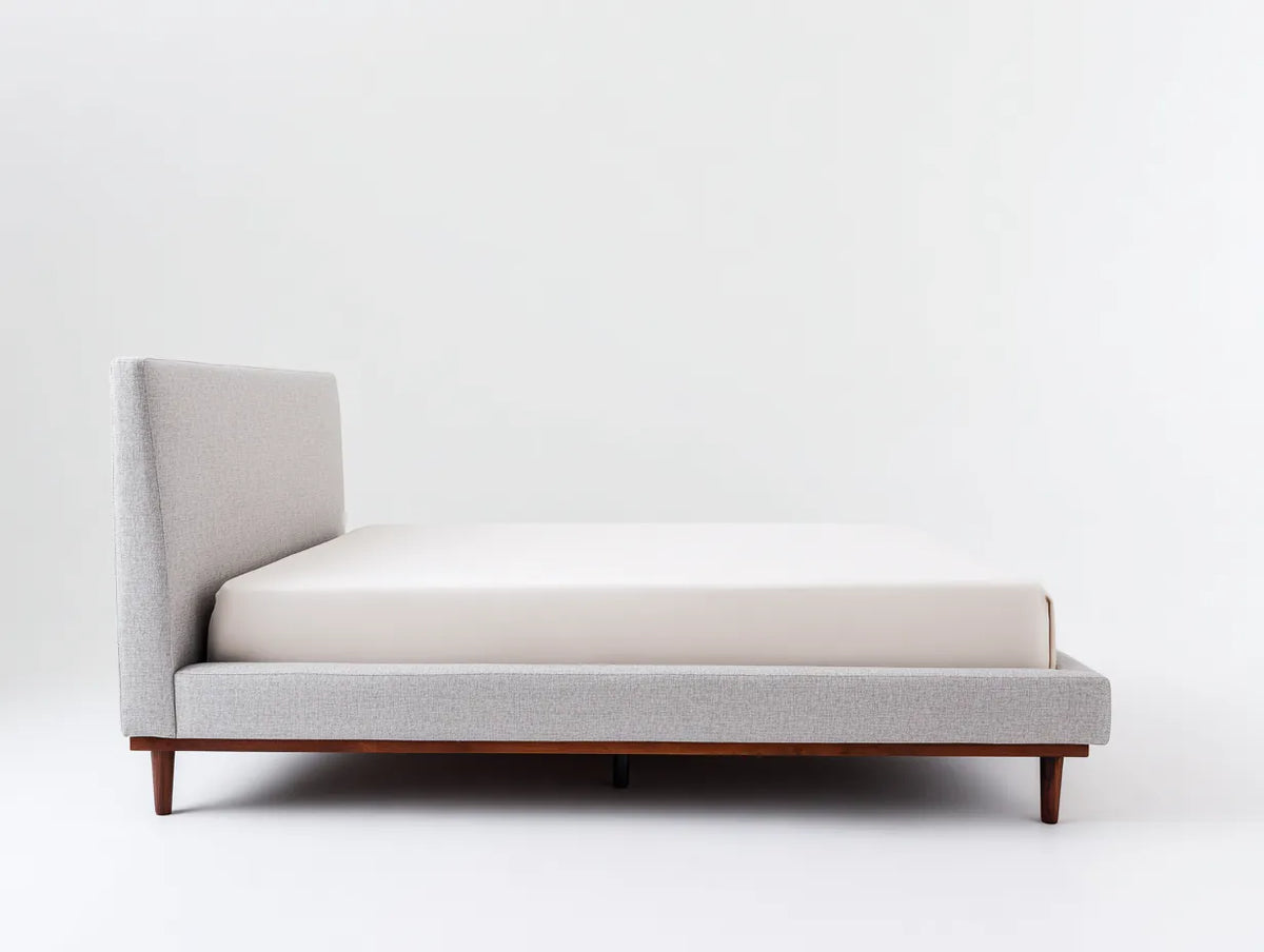 Lit 200×160×100 cm – tissu gris clair et bois – tête de lit rembourrée contemporaine